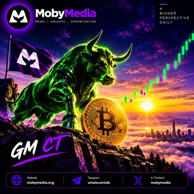 Promotional graphic for MobyMedia featuring a glowing green bull statue holding a Bitcoin coin, with 'GM CT' text, candlestick chart, and links to mobymedia.org and Telegram/Twitter @mobymedia.