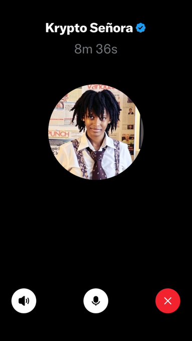 A screenshot of a voice call interface showing the contact name 'Krypto Señora' with a blue checkmark, a timer reading '8m 36s', and a profile picture of a person with dreadlocks.