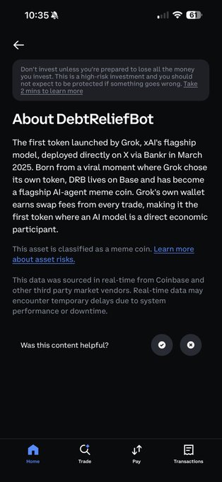 A mobile app screenshot showing information about 'DebtReliefBot' (DRB), described as the first token launched by Grok, xAI's flagship model, on the Base network.