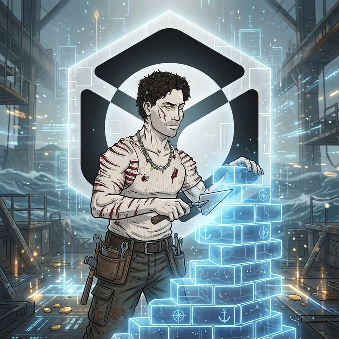 A digital illustration of a young man with curly hair and a bloodied white sweater holding a trowel, building a glowing blue block structure against a backdrop featuring a large X-coin logo and futuristic cityscape.