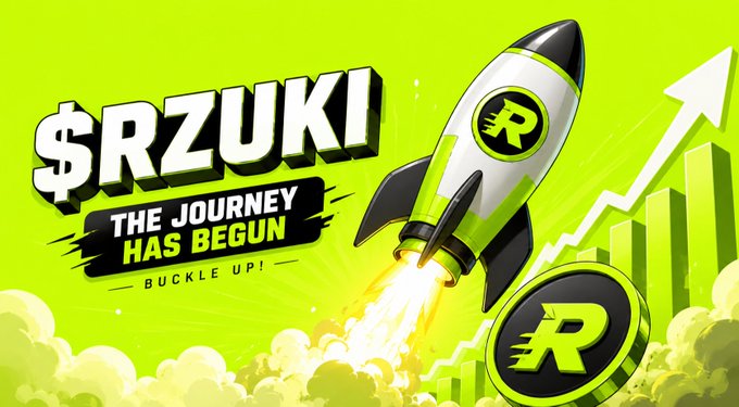 A vibrant green graphic shows a rocket ship launching upward past bar charts, featuring the text "$RZUKI — THE JOURNEY HAS BEGUN — BUCKLE UP!" alongside a logo with a stylized "R," visually reinforcing the post's message of $RZUKI's upcoming launch on the Robinhood Network.