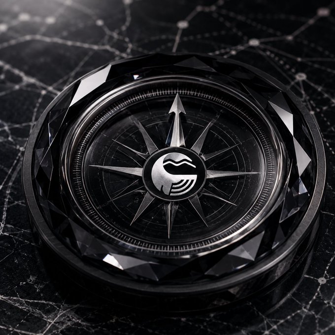 A close-up of a black, gem-like compass with an arrow pointing upward and a logo in the center featuring wavy lines, set against a dark marble surface with constellation-like patterns.