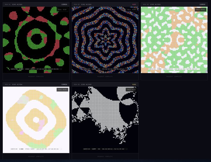 Five panels display colorful pixel art designs that appear to be programmable LED projects, labeled "RUN 01 - EVEN #000297" through "RUN 05 - EVEN #01995."