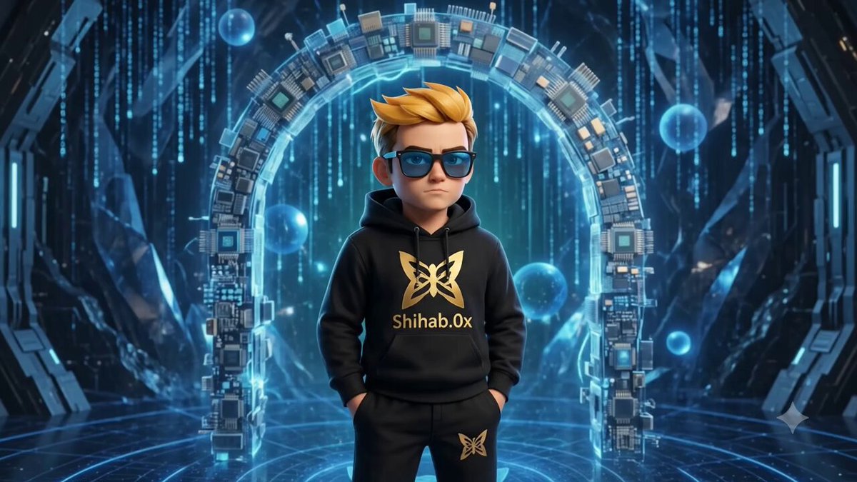 The image features a cartoon boy wearing sunglasses, a black hoodie with gold lettering that says "shihab0x", and a pair of glasses. The background shows an archway made up of small blue spheres connected by silver lines, creating a futuristic atmosphere. The caption to the image reads "Focus on what is in the image and how it relates to the post: Are You Know The ticker is $MOOVE? Downlode & Join Here: moove.xyz/@shihab0x Level up your money game. The fragmentation of crypto-to-fiat is officially over. No more juggling 5 different apps just to move your funds."