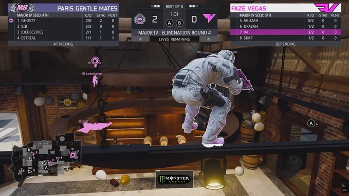 The image shows a Rainbow Six Siege match between Paris Gentle Mates and FaZe Vegas, with the score 2-0, during a Major IV Elimination Round 4 broadcast. A player is perched in an unusual elevated spot on a beam, illustrating the "insane spot" mentioned in the caption during the best-of-5 series with 2 lives remaining for team A.