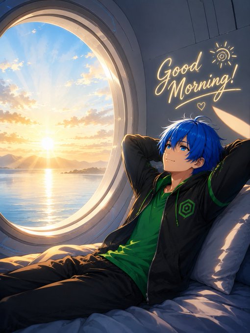 The image features a blue-haired boy with a green shirt laying down on a bed near an open window that looks out onto a body of water at sunset. The sun is setting over the water, creating a beautiful backdrop for the scene. In front of him, there's a sign that says "Good morning!".