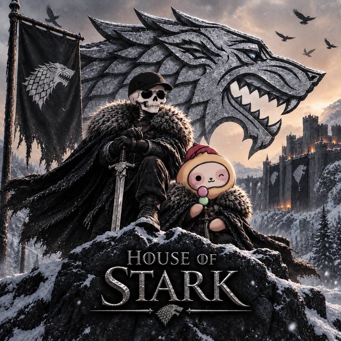 A stylized fantasy illustration of a skeleton knight with a sword sitting next to a small bear-like character in fur clothing, with a direwolf sigil and "House of Stark" text below, set against a snowy castle backdrop.