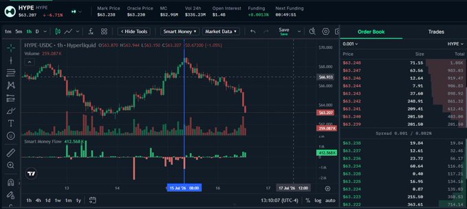 A trading chart for HYPE/USDC showing a candlestick price action chart on Hyperliquid, with HYPE priced at $63.207 (-6.71%) and volume of 259.087K, alongside an order book panel displaying price levels around $63.22-$63.24. The chart displays the Smart Money Flow indicator (#12.56K) at the bottom, illustrating the contrast between smart money's short positioning near the local top and emerging long positioning as price pulls back to $63, visually supporting the post's observation about smart money flow alignment with HYPE's price action.