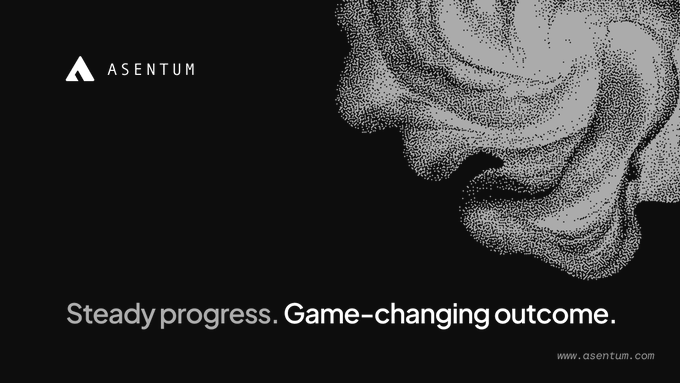 Corporate advertisement for Asentum featuring a black and white dotted graphic of a face in profile, with the tagline 'Steady progress. Game-changing outcome.' and their website URL.