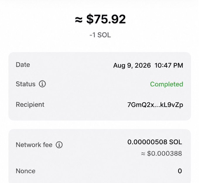 The image shows a completed Solana blockchain transaction confirmation displaying -1 SOL (≈ $75.92) sent to a recipient with the address starting "7GmQ2x...kL9vZp" on Aug 9, 2026. This serves as proof of the giveaway mentioned in the post, showing the 1 SOL prize was actually sent to a follower.