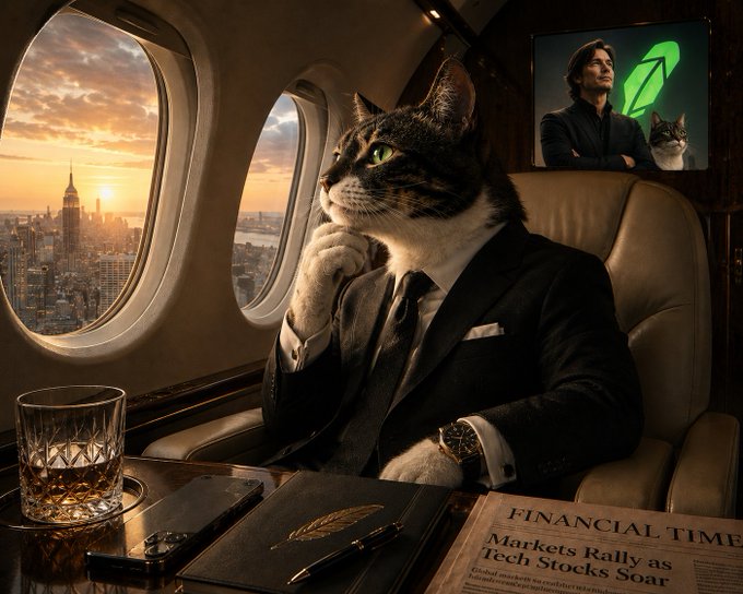 A well-dressed cat in a suit gazes out the window of a private jet over a city skyline at sunset, with a glass of whiskey, a luxury watch, and a "FINANCIAL TIMES" newspaper reading "Markets Rally as Tech Stocks Soar" on the table before him—reflecting the optimistic tone of "clear skies ahead" with bullish market imagery and a personal photo on the screen behind.