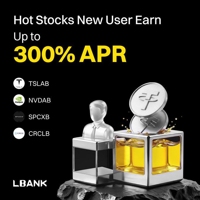 The image is a promotional advertisement for LBank's "Hot Stocks New User Earn" promotion offering up to 300% APR for eligible new users, featuring a silver mannequin figure beside a treasure chest filled with gold coins and Tether (USDT) tokens. The ad highlights four eligible stock tokens—TSLAB (Tesla), NVDAB (NVIDIA), SPCXB (SpaceX), and CRCLB (Circle)—with the LBank logo displayed in the bottom left corner against a black background.

The image directly supports the accompanying post by visualizing the earning opportunity described, emphasizing the high 300% APR return and showcasing the specific stocks available for new users to start earning with their USDT.