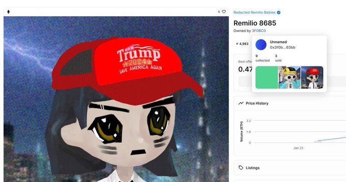 An NFT marketplace page showing "Remilio 8685" owned by 3FOBCO, priced at 0.47 ETH, featuring an anime-style character wearing a red "Trump 2024 Save America Again" cap.