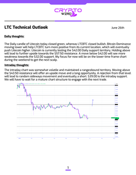A LTC/USD intraday technical chart from June 26th showing a range-bound price action, with key levels marked at $43.50 resistance and $39.00 support, illustrating the sideways consolidation mentioned in the technical outlook.