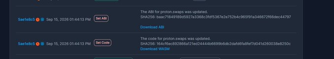 A screenshot of GitHub commits from user "Saellemc5" showing ABI updates for proton swaps, dated Sep 15, 2026 at 01:44:13 PM.