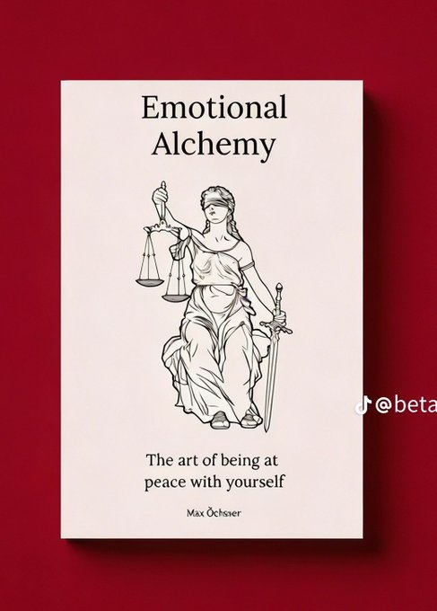 The image features a book cover for "Emotional Alchemy" by Max Deusseur. The title of the book is displayed at the top of the image, while the author's name is written below it. The background color used on the cover is red, which contrasts with the white text and illustrations. The main focus of the image is a black and white illustration of a woman holding scales in her hands, symbolizing justice or balance. This image is part of a larger post that reads "good morning most stablecoins are designed to maintain their value, but very few allow users to participate in the value generated by the protocol itself". The post seems to be discussing the concept of satUSD+ and its relation to emotional alchemy.