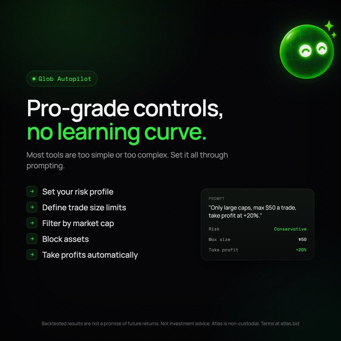 Marketing graphic for 'Glob Autopilot' featuring a green smiling orb, titled 'Pro-grade controls, no learning curve,' highlighting features like risk profile setting, trade size limits, and automatic profit-taking via prompting.