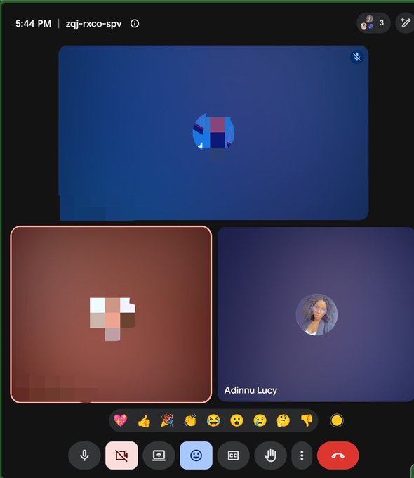A video call interface at 5:44 PM (zqj-rxco-spv) showing three participant tiles, with reactions emoji bar visible and the participant labeled 'Adinnu Lucy' in the bottom right.