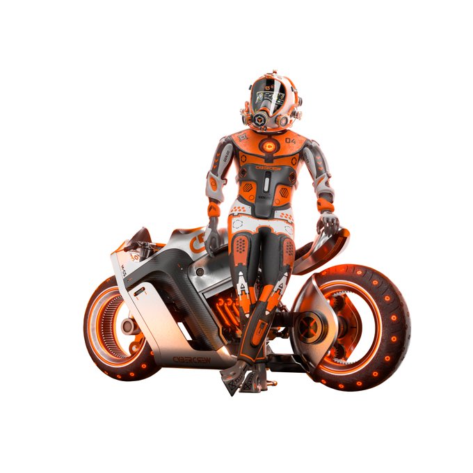 A 3D rendering of an orange and white robotic figure sitting on a futuristic, hovering motorcycle-like vehicle against a white background.