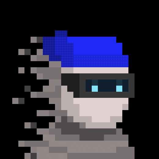 A pixel art animation frame showing a character with blue hair and glowing blue eyes dissolving or materializing into pixels.