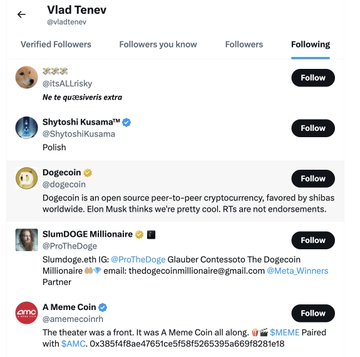 Vlad Tenev's "Following" list on X, featuring crypto accounts like @itsALLRisky, @dogecoin ($DOGE), and @amemecoin ($MEME), humorously illustrates the post's claim that a follow from Vlad has become a stronger market mover for meme coins than Korean exchange listings.