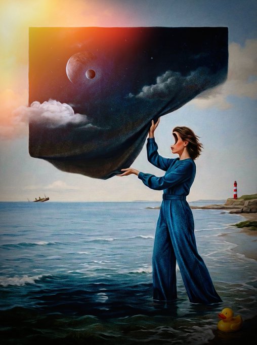 A woman in a blue jumpsuit stands in the ocean pulling back a sheet of night sky to reveal celestial bodies, with a rubber duck and lighthouse nearby—visually echoing the post's theme of dreams and new universes taking shape. The surreal seascape captures the moment before sleep, as reality peels back into imagination.