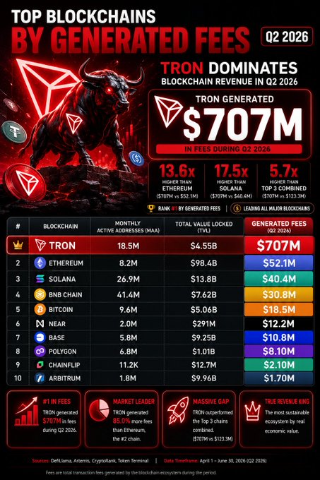 An infographic titled 'TOP BLOCKCHAINS BY GENERATED FEES Q2 2026' ranking TRON first with $707M in fees, followed by Ethereum ($52.1M), Solana ($40.4M), BNB Chain ($30.8M), and others.