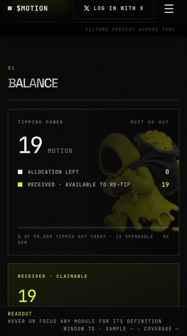 The $MOTION website displays a balance page showing 19 MOTION tipping power with 19 claimable tokens received, featuring a green hooded character illustration.