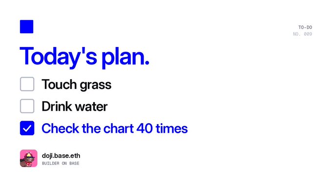 A minimalist to-do list titled "Today's plan." featuring unchecked items "Touch grass" and "Drink water," with the checked item humorously reading "Check the chart 40 times," branded with "doji.base.eth - BUILDER ON BASE" and labeled "TO-DO NO. 009," perfectly illustrating the crypto trader's classic dilemma of prioritizing chart-watching over going outside.