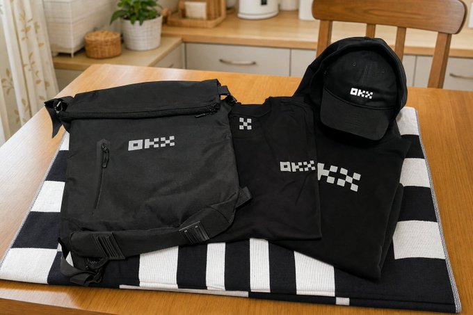 A collection of black OKX-branded merchandise laid out on a wooden table, including a messenger bag, cap, t-shirt, and a black and white striped mat.