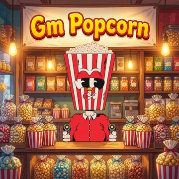 The image features a cartoon-style popcorn stand with a banner reading "Gm Popcorn," surrounded by shelves and jars filled with various popcorn flavors, fitting the post's playful "Gm" NFT theme. A character wearing a popcorn bucket hat stands behind the counter, symbolizing the fun and excitement of the upcoming NFT mints and drops highlighted in the message.