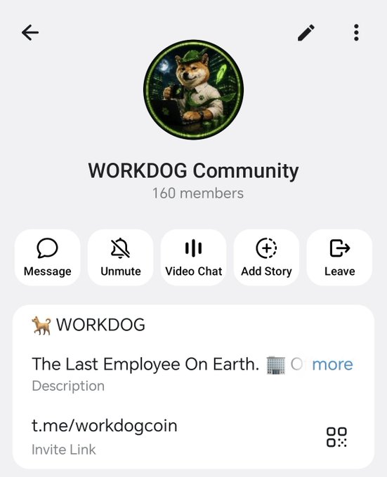 A Telegram community page for 'WORKDOG Community' with 160 members, showing a Shiba Inu dog mascot wearing a green hat, with a description 'The Last Employee On Earth.' and invite link t.me/workdogcoin.