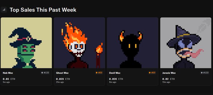 A 'Top Sales This Past Week' NFT marketplace listing featuring four pixel art characters: Neb Wez ($122), Ghost Wez ($72), Devil Wez ($72), and Jerezie Wez ($122).
