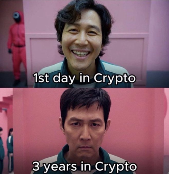 A two-panel meme featuring a Squid Game character; the top shows him smiling with text '1st day in Crypto' and the bottom shows him somber with text '3 years in Crypto'.
