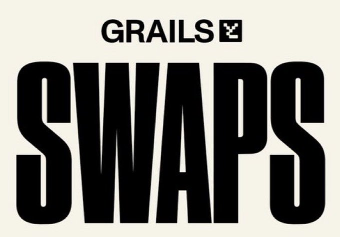 The image displays a logo with "GRAILS" in smaller black text at the top and "SWAPS" in large, bold black letters below it, featuring a small icon next to the "GRAILS" text. This visual represents the new Grails Swaps NFT trading platform mentioned in the post, which is built on OpenSea's Seaport protocol for non-custodial peer-to-peer swaps.