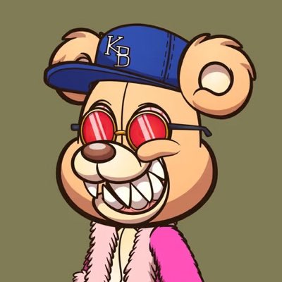 A cartoon bear character wears a blue 'KB' cap and red-tinted sunglasses, grinning to reveal sharp teeth while wearing a pink furry jacket.