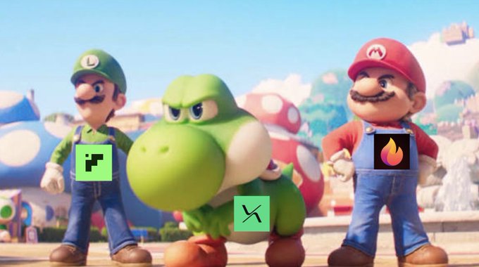 Mario, Luigi, and Yoshi stand together with small overlay icons on their chests.