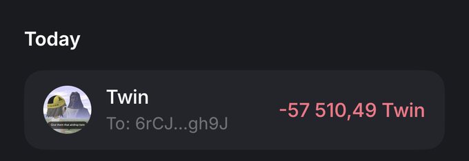 A screenshot shows a "Today" notification with the text "Twin -57 510,49 Twin" beside a profile picture, illustrating a large negative balance that aligns with the user's post about gifting $Twin tokens to @sirgoogle15 who found something first.