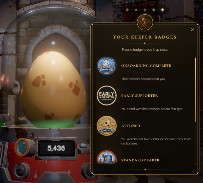 A screenshot from a video game shows a large speckled egg in an incubator displaying the number 5,436, alongside a menu titled 'YOUR KEEPER BADGES' that lists achievements like 'ONBOARDING COMPLETE' and 'ATTUNED'.