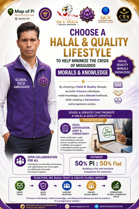 A promotional poster for the 'Map of Pi' cryptocurrency project featuring a Global GCV Ambassador and highlighting a 'Choose a Halal & Quality Lifestyle' campaign with services like halal certification, payment in Pi (50% Pi: 50% Fiat), and goals like 'Verify Trust' and 'Strengthen Global Consensus Trust.'