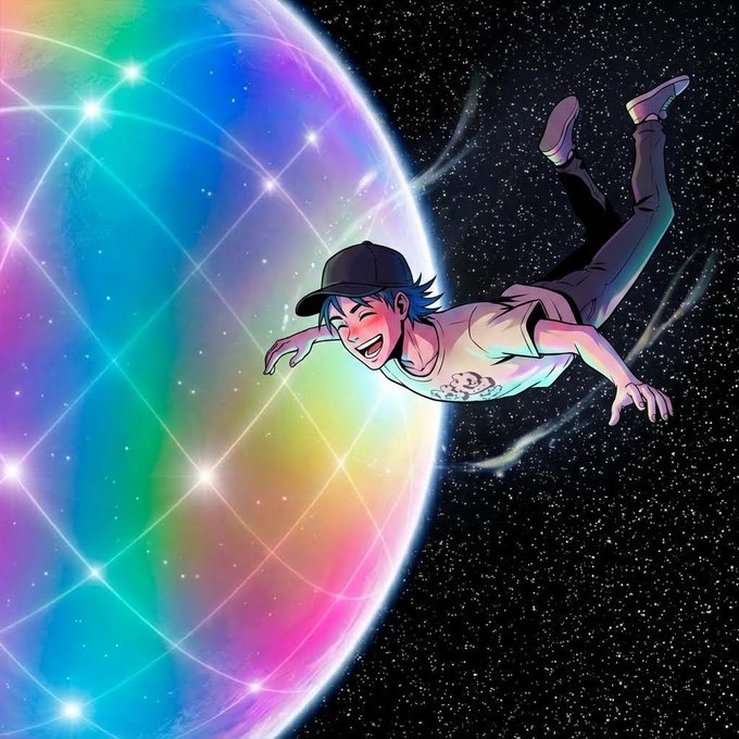An anime-style illustration of a joyful young person wearing a cap floating in space beside a colorful, iridescent planet against a starry background.