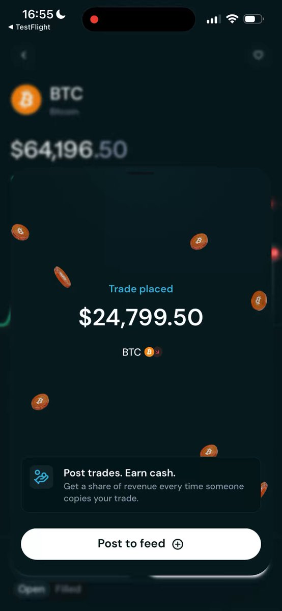 A cell phone screen displays the details of a recent cryptocurrency transaction. The text below indicates that $24,959.50 has been deposited into an account via Bitcoin. In the top left corner, there are three coins depicted, with one floating in the air and the other two closer to the bottom edge of the image. A small "Post" button is also visible on the screen. The main post itself contains a post-trade snapshot that is likely related to the cryptocurrency exchange or marketplace where the transaction took place.