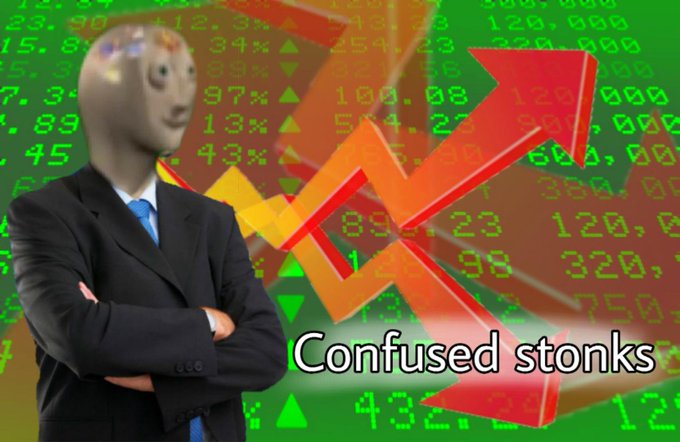A figure in a suit stands confidently with crossed arms in front of a green stock market board overlaid with sharp red and orange trend arrows pointing upward, captioned "Confused stonks." The image humorously conveys bewildered confidence—as if unsure why—but the soaring arrows ironically match the post's excitement about a token that's only climbing higher.