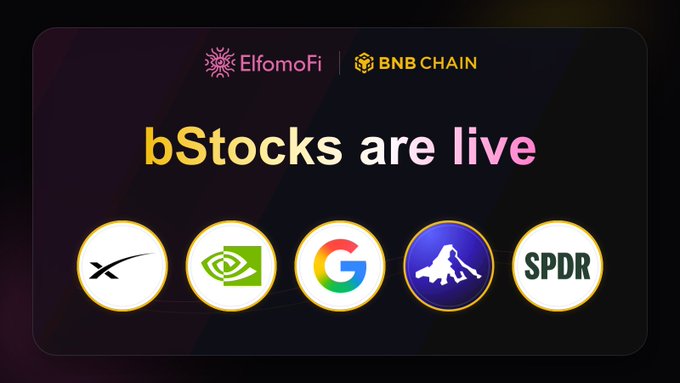 A promotional graphic for ElfomoFi on BNB Chain announces "bStocks are live" featuring logos of associated brands including X (formerly Twitter), NVIDIA, Google, Alpine, and SPDR.