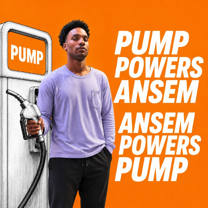 A man holding a gas pump nozzle stands beside a "PUMP" sign, with the bold text "PUMP POWERS ANSEM, ANSEM POWERS PUMP" displayed against an orange background. The image visually represents the symbiotic flywheel described in the post, illustrating how the two tokens fuel each other in a self-reinforcing cycle.