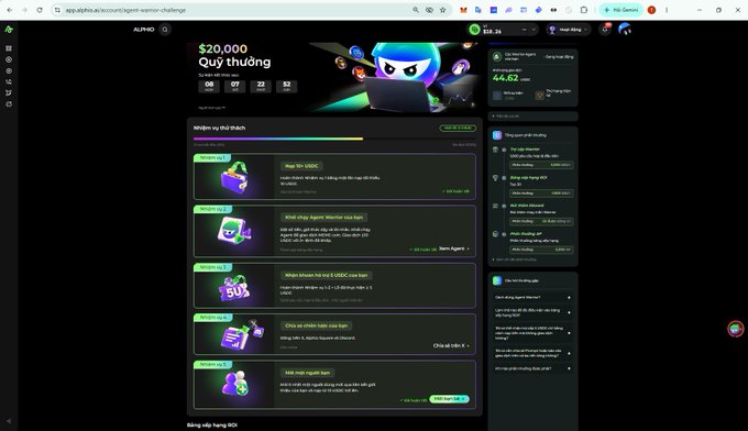 A dark-themed crypto presale dashboard shows “$20,000 Quy thường” with countdown numbers and a mission list containing USDC tasks.