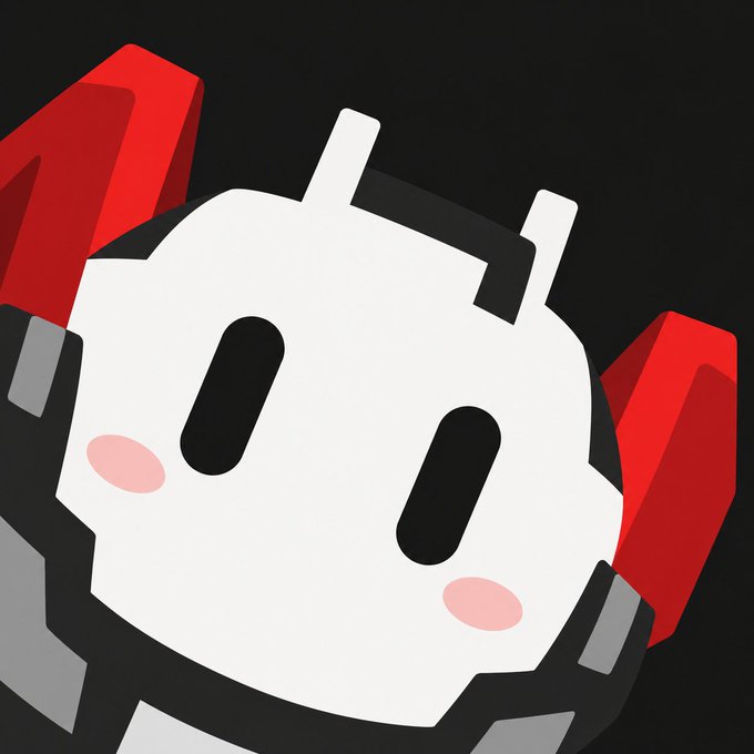A minimalist illustration of a white, blocky robot or character head with red accents and pink cheeks on a black background.