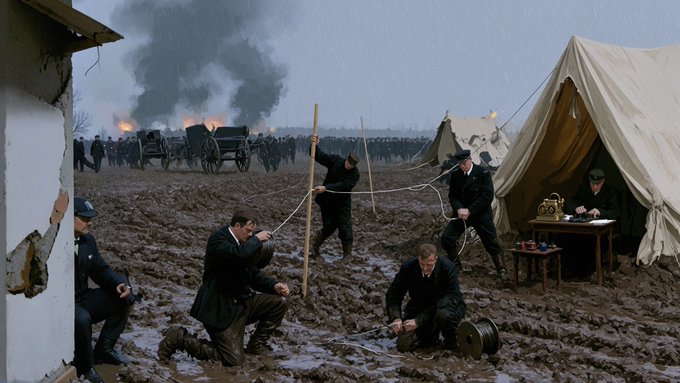Cinematic war scene depicting soldiers in dark uniforms struggling through deep mud in a rain-soaked encampment, with tents, a horse-drawn cart, and smoke rising from burning fires in the misty background.