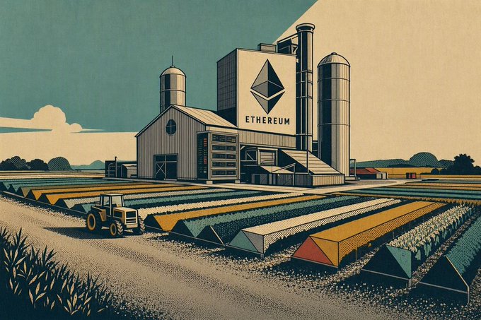 A vintage-style illustration of a farm featuring silos and a barn marked with the Ethereum logo and the word 'ETHEREUM', with a tractor working the colorful fields in the foreground.