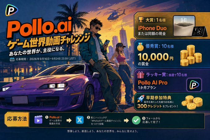 Pollo.ai game world video challenge advertisement featuring GTA-style artwork, offering prizes including an iPhone Duo, 10,000 yen, Pollo AI Pro subscription, and 300 credits, running September 16 - September 24, 2026.